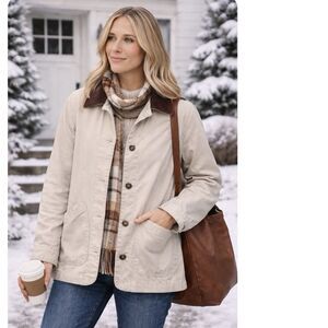 Womens Beige Barn Coat Chore Plaid Flannel Lined Corduroy Collar Size M Field